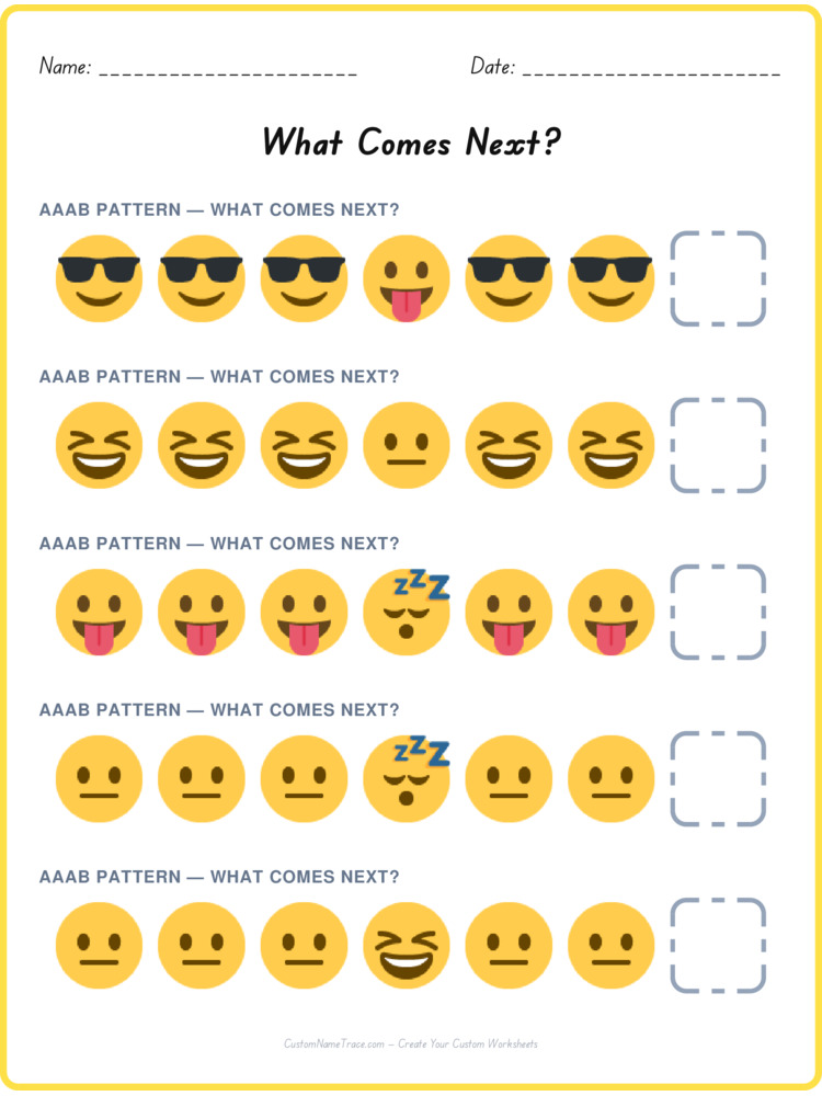 AAAB pattern worksheet 6 for kids
