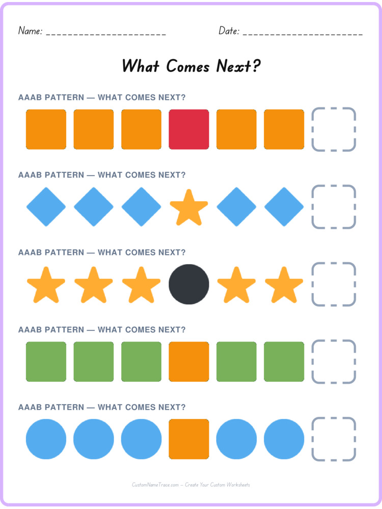 AAAB pattern worksheet 15 for kids