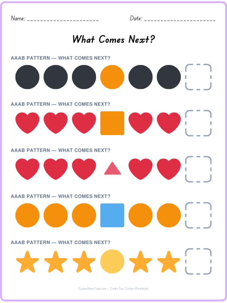 AAAB pattern worksheet 16 for kids