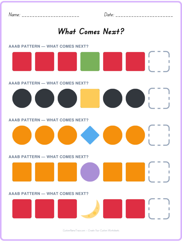 AAAB pattern worksheet 21 for kids