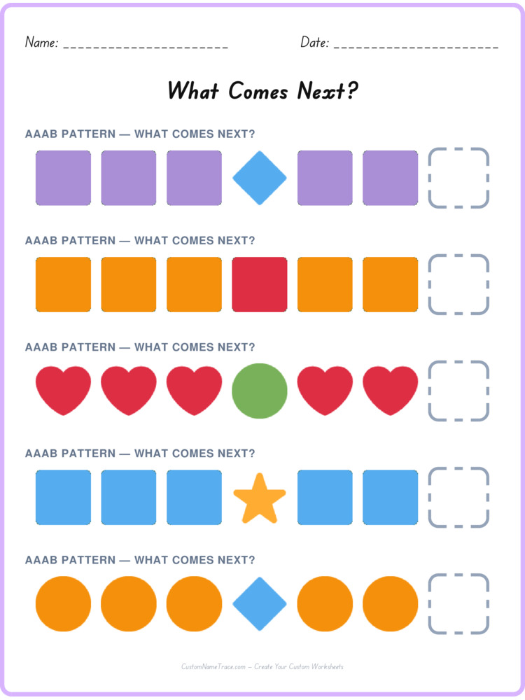 AAAB pattern worksheet 22 for kids