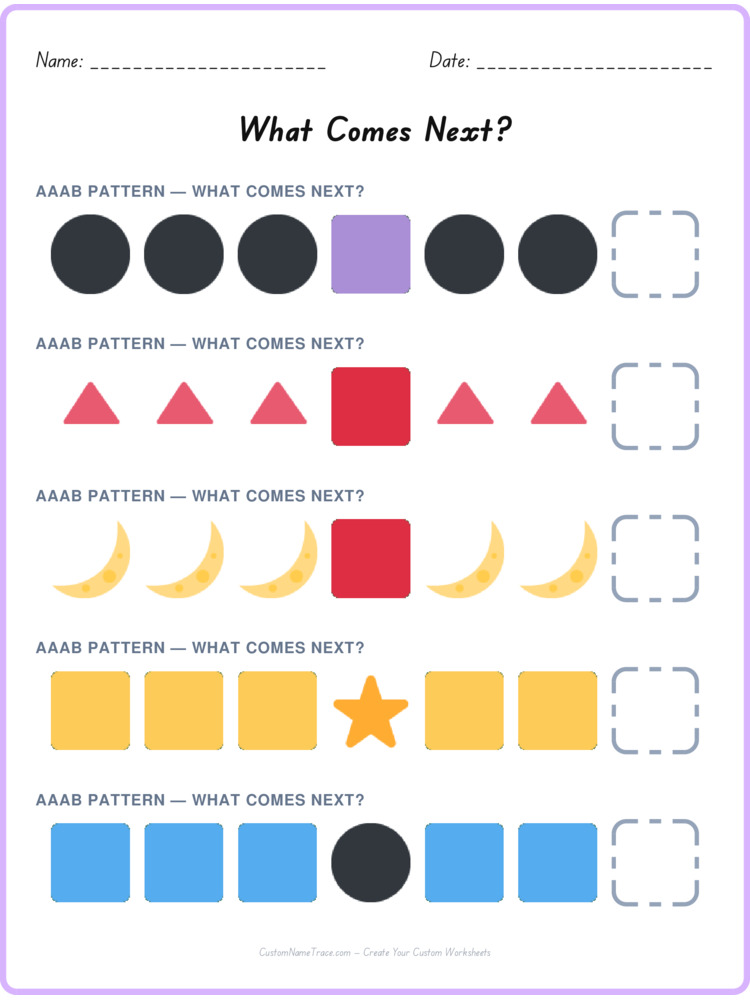 AAAB pattern worksheet 26 for kids