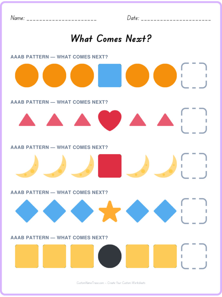 AAAB pattern worksheet 37 for kids