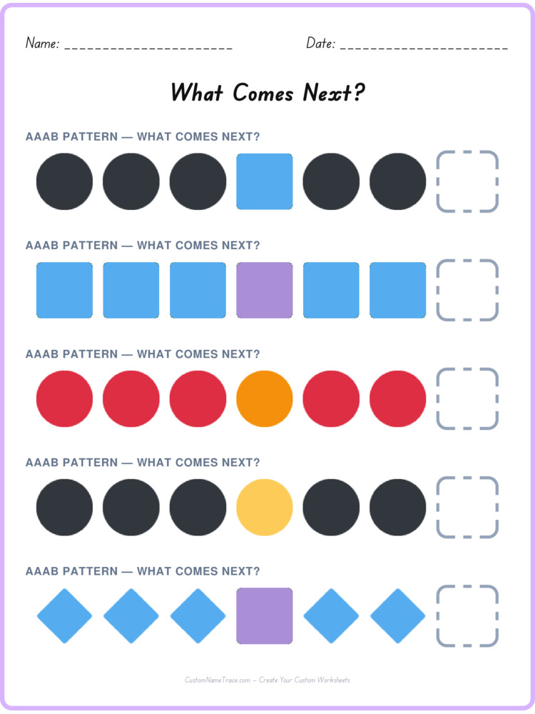 AAAB pattern worksheet 6 for kids