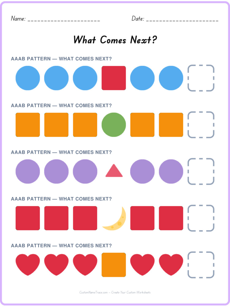 AAAB pattern worksheet 7 for kids