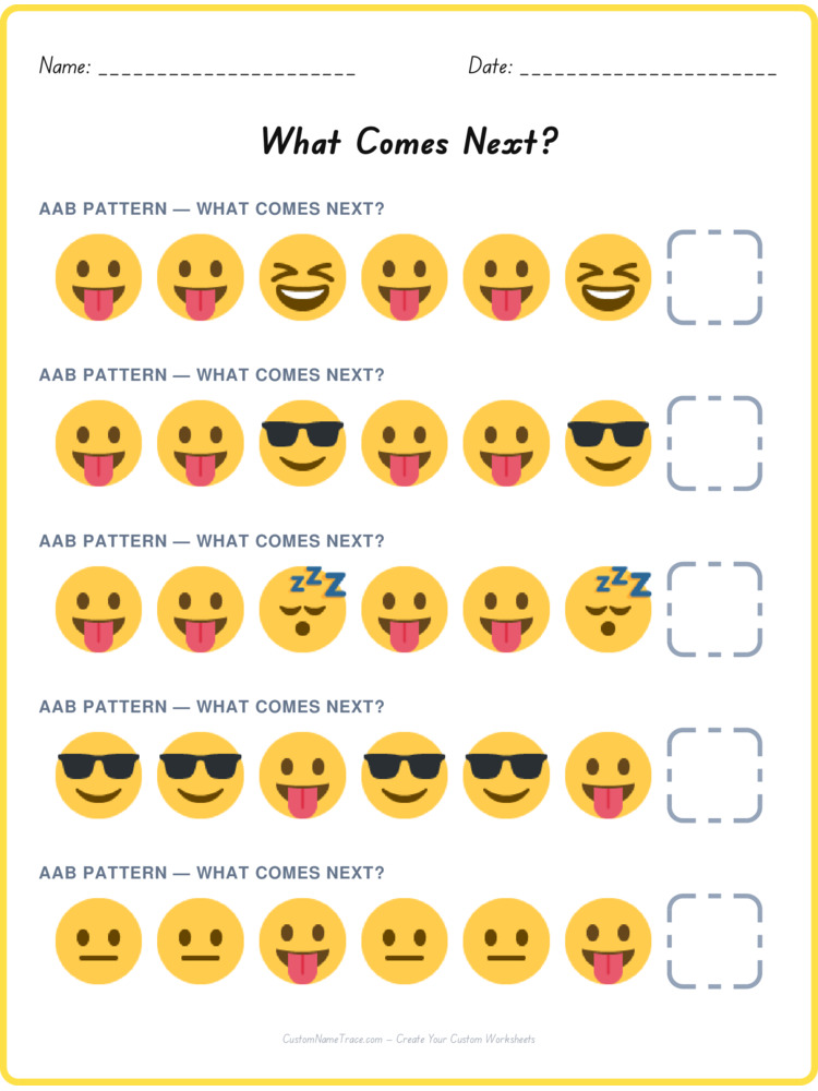 AAB pattern worksheet 6 for kids