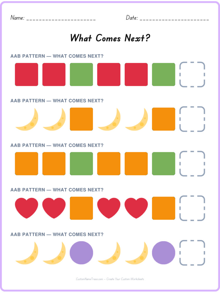 AAB pattern worksheet 2 for kids