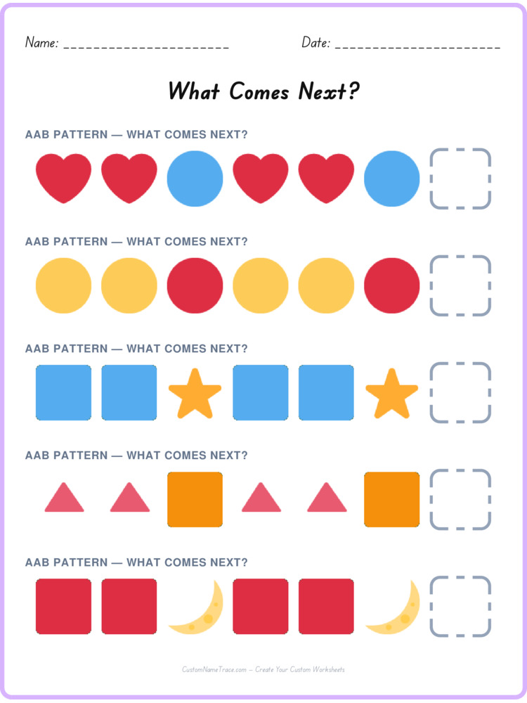 AAB pattern worksheet 24 for kids