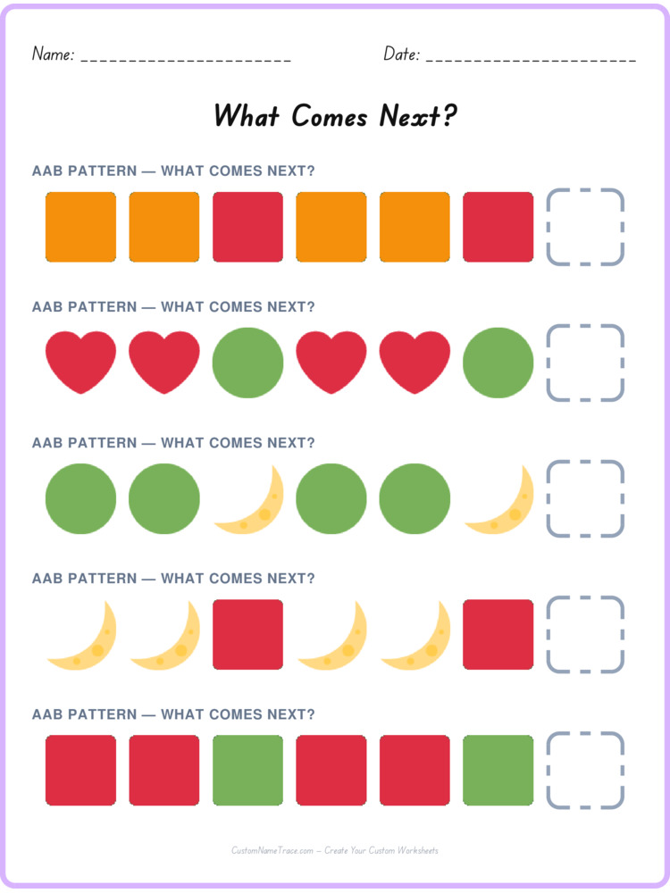AAB pattern worksheet 4 for kids