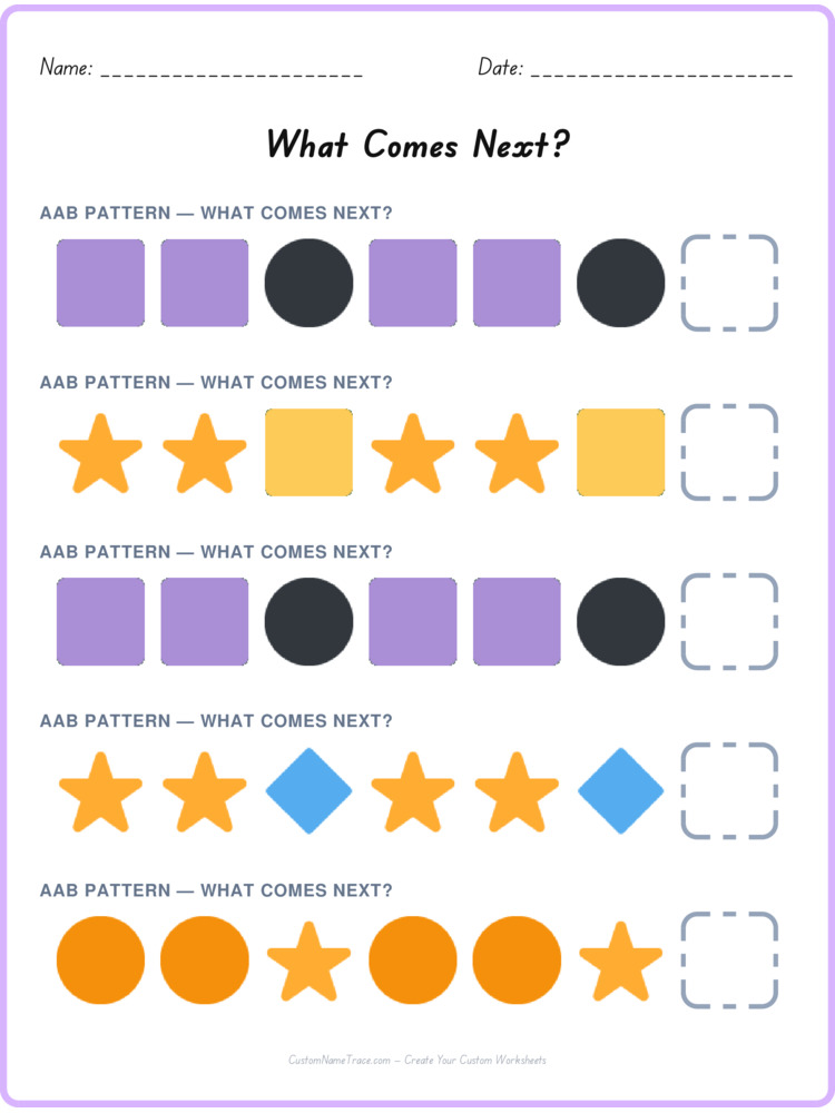 AAB pattern worksheet 5 for kids