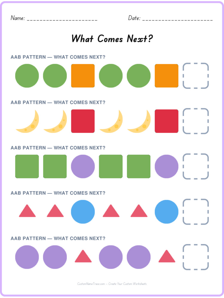 AAB pattern worksheet 6 for kids
