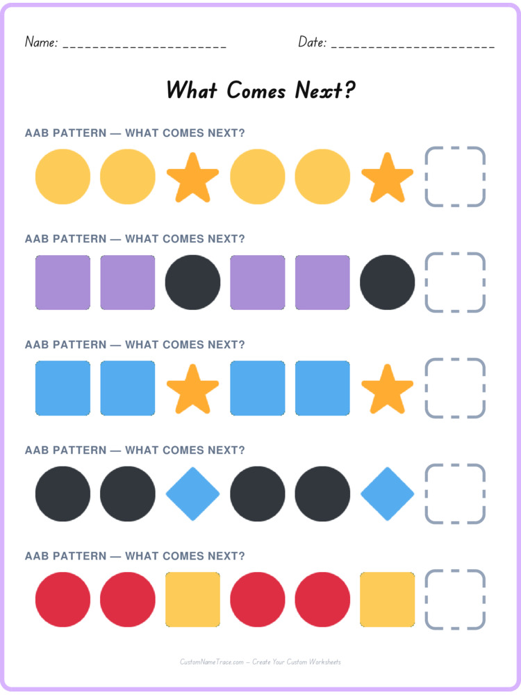 AAB pattern worksheet 7 for kids