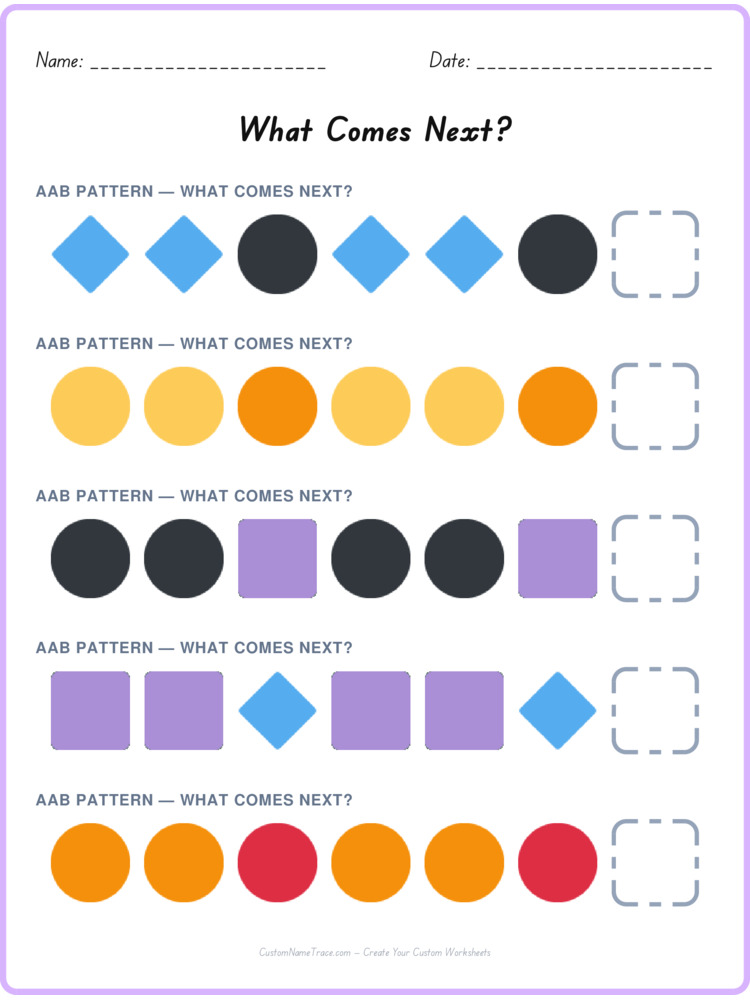 AAB pattern worksheet 9 for kids