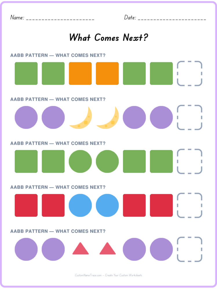 AABB pattern worksheet 2 for kids