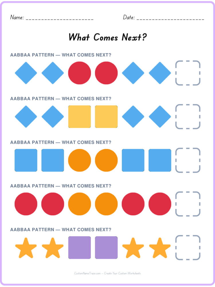 AABBAA pattern worksheet 6 for kids