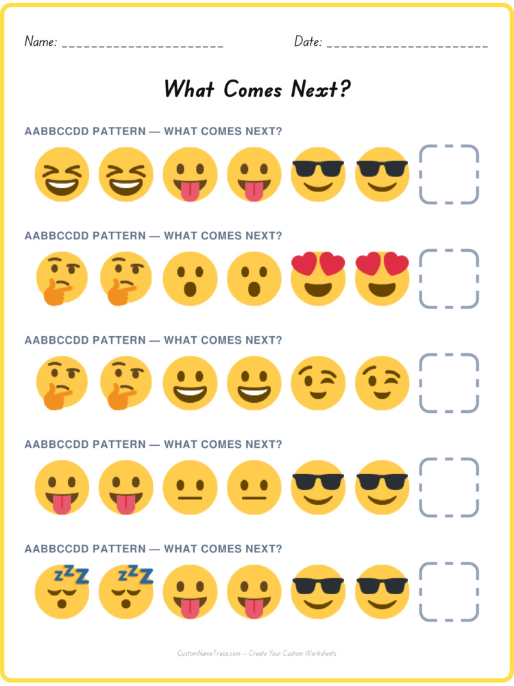 AABBCCDD pattern worksheet 20 for kids