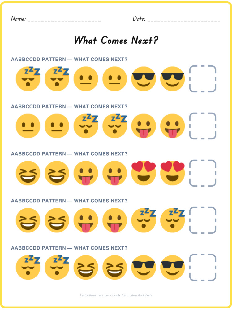 AABBCCDD pattern worksheet 3 for kids