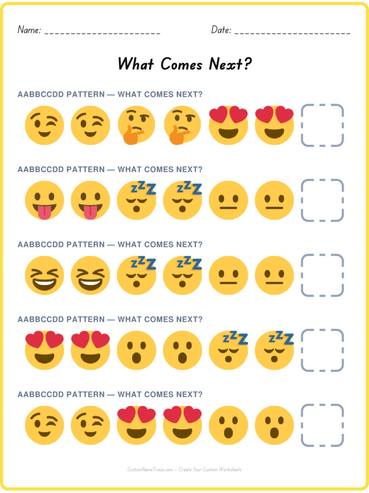 AABBCCDD pattern worksheet 30 for kids