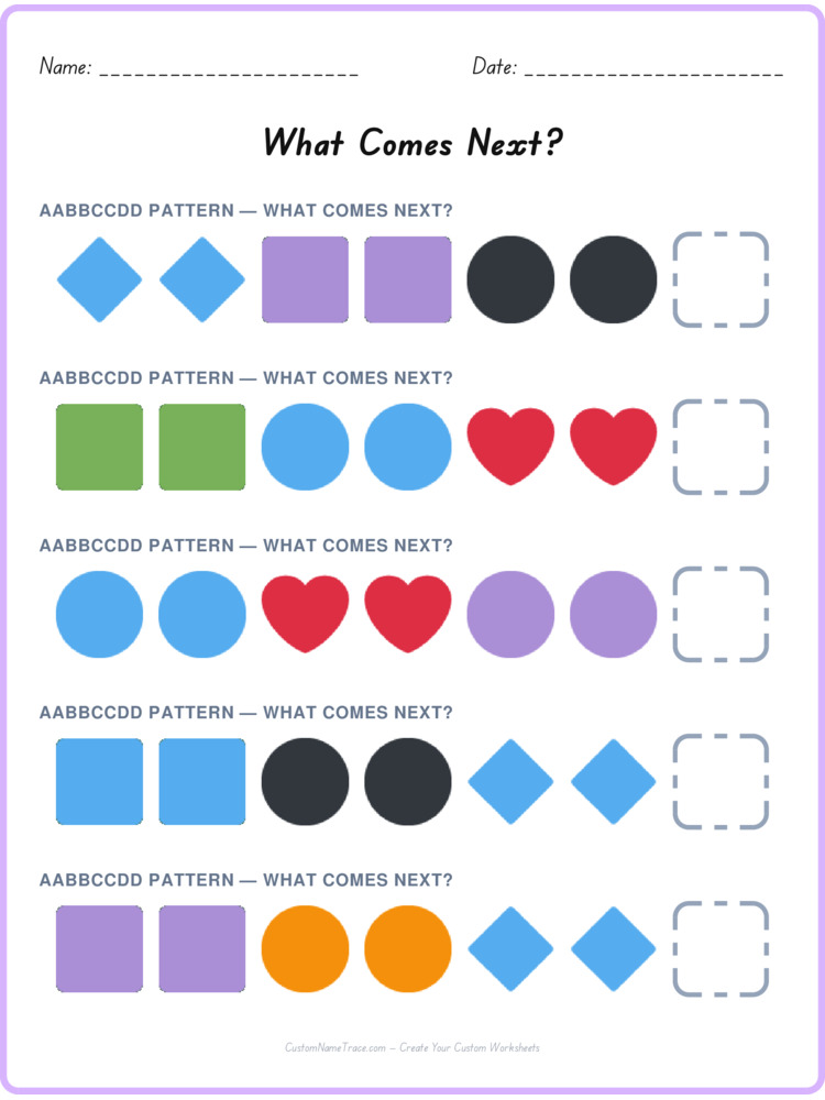 AABBCCDD pattern worksheet 10 for kids