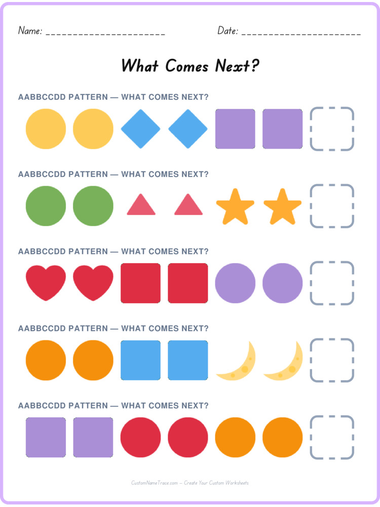 AABBCCDD pattern worksheet 20 for kids