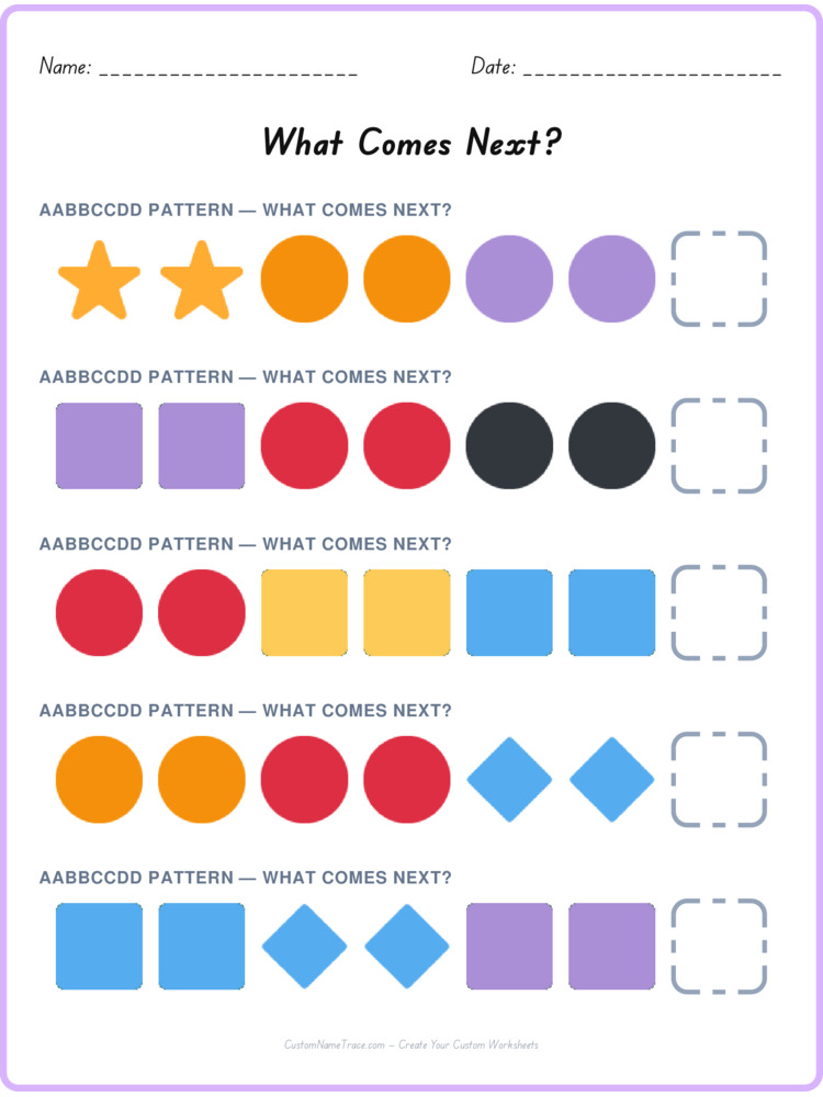 AABBCCDD pattern worksheet 3 for kids