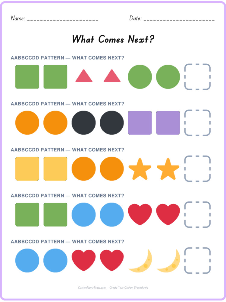 AABBCCDD pattern worksheet 30 for kids