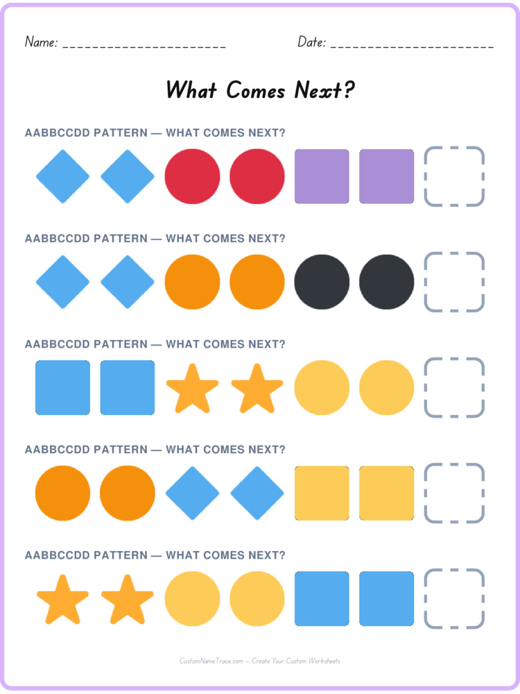 AABBCCDD pattern worksheet 5 for kids