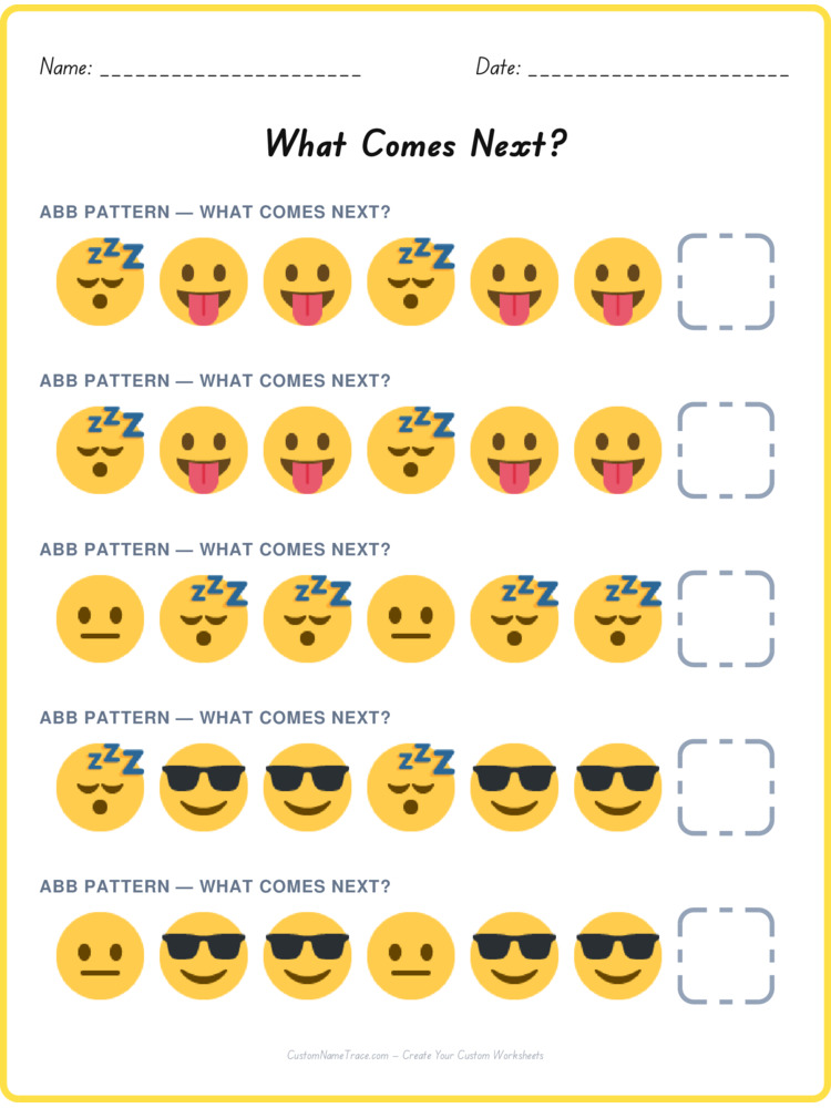 ABB pattern worksheet 5 for kids