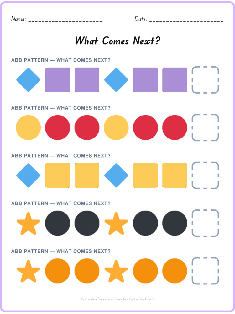 ABB pattern worksheet 2 for kids