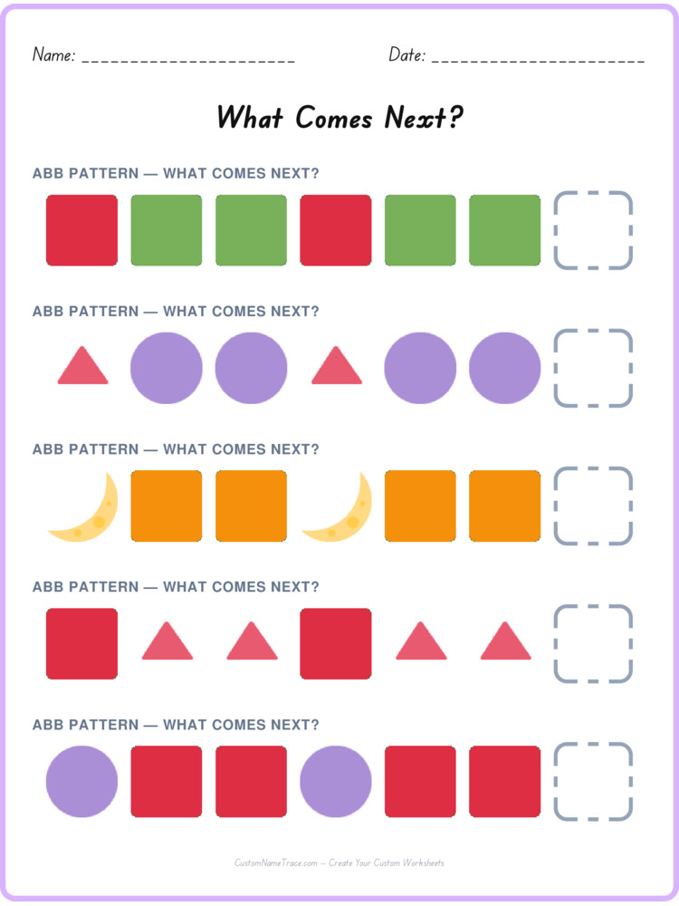 ABB pattern worksheet 5 for kids