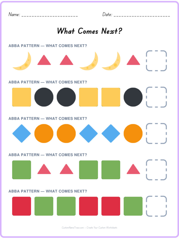 ABBA pattern worksheet 10 for kids