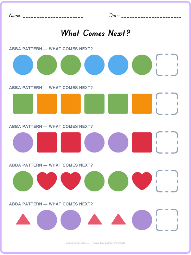 ABBA pattern worksheet 6 for kids