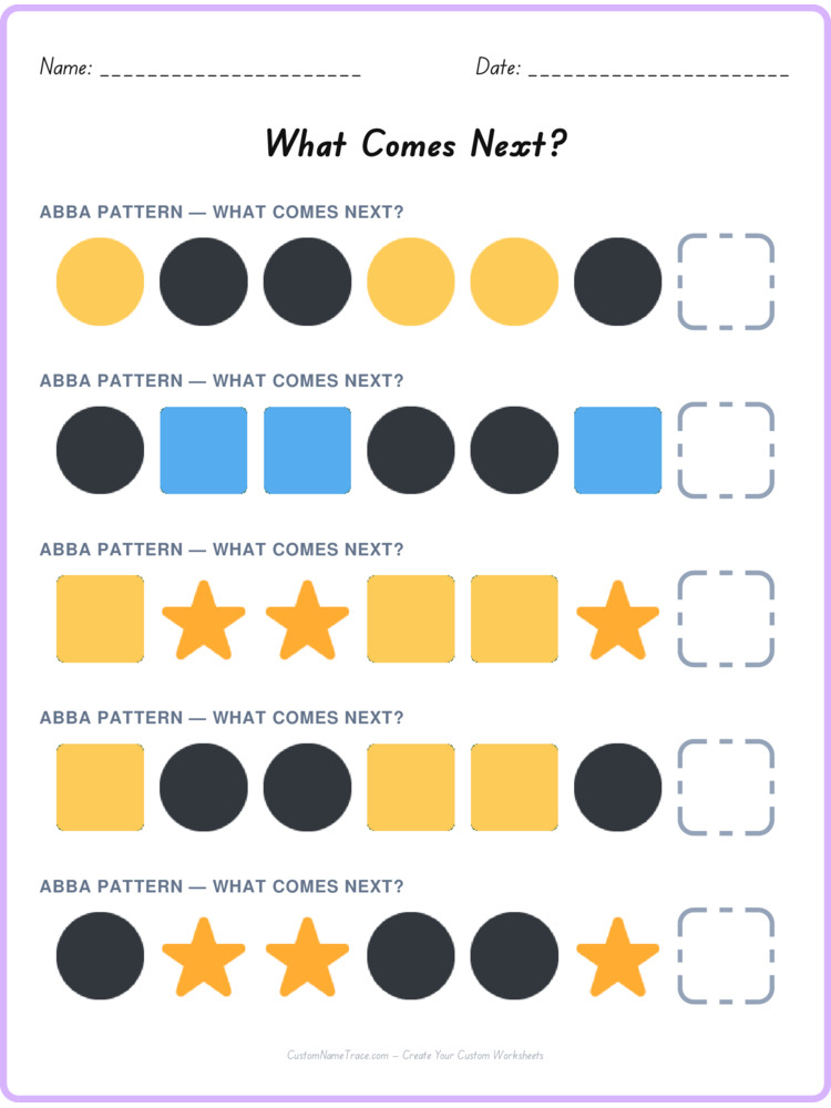 ABBA pattern worksheet 7 for kids
