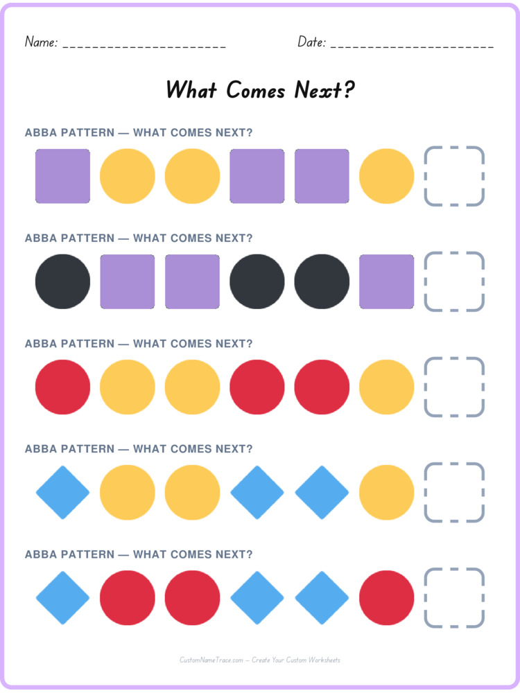 ABBA pattern worksheet 9 for kids
