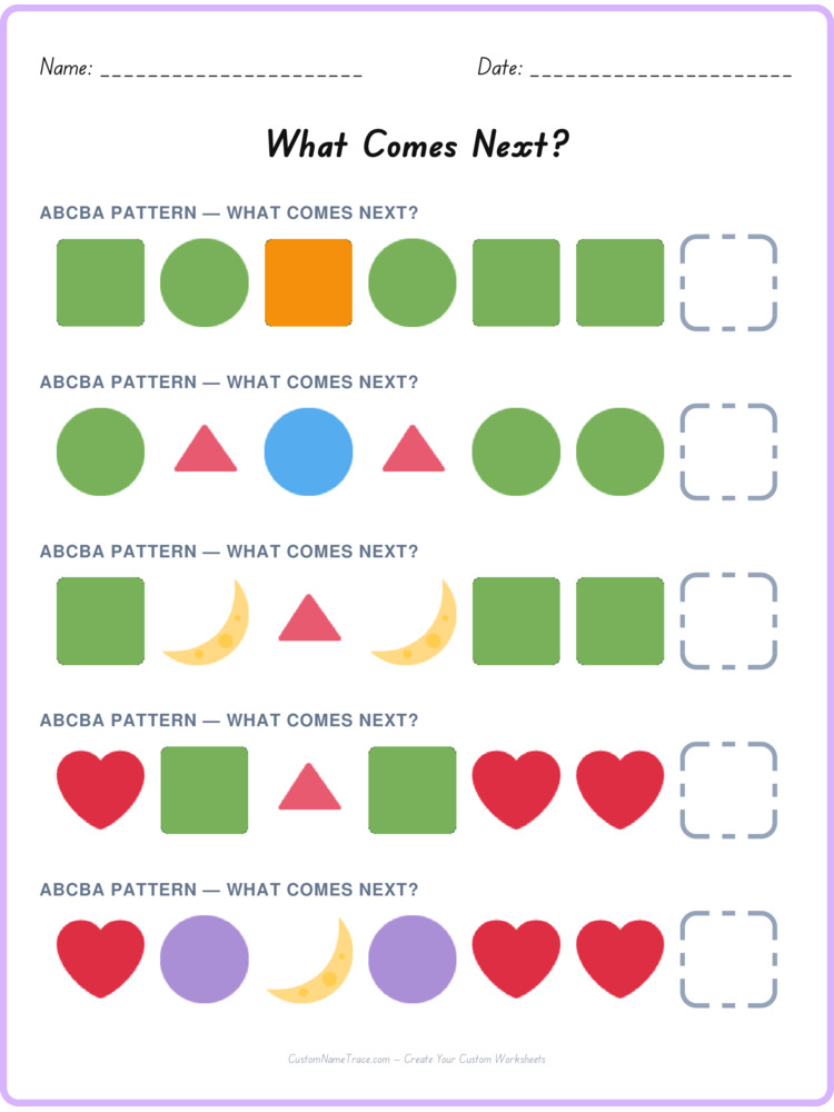 ABCBA pattern worksheet 1 for kids