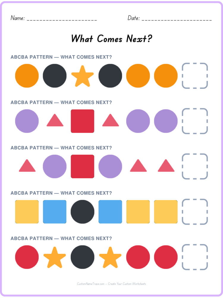 ABCBA pattern worksheet 10 for kids