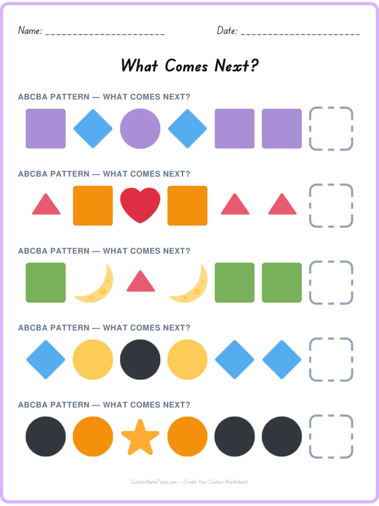 ABCBA pattern worksheet 40 for kids