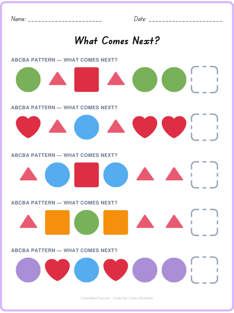 ABCBA pattern worksheet 7 for kids