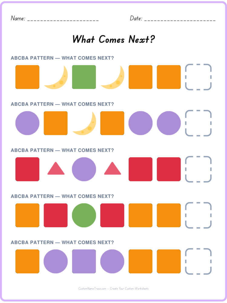 ABCBA pattern worksheet 9 for kids