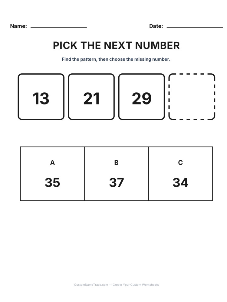 Grade 1 Pick the Next Number logic worksheet 1 for kids