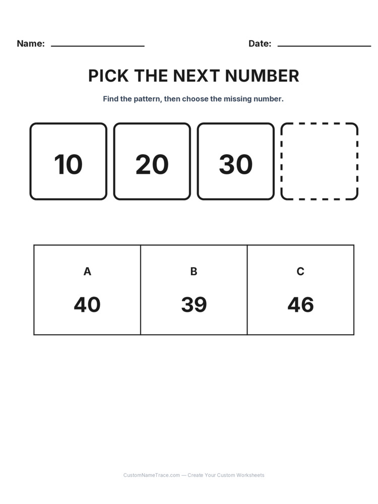 Grade 1 Pick the Next Number logic worksheet 15 for kids