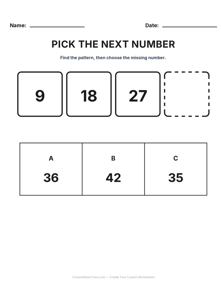 Grade 1 Pick the Next Number logic worksheet 26 for kids