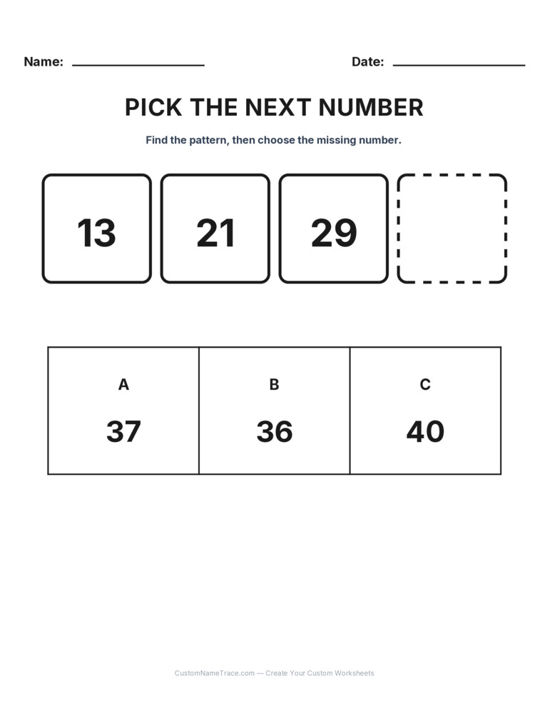 Grade 1 Pick the Next Number logic worksheet 29 for kids