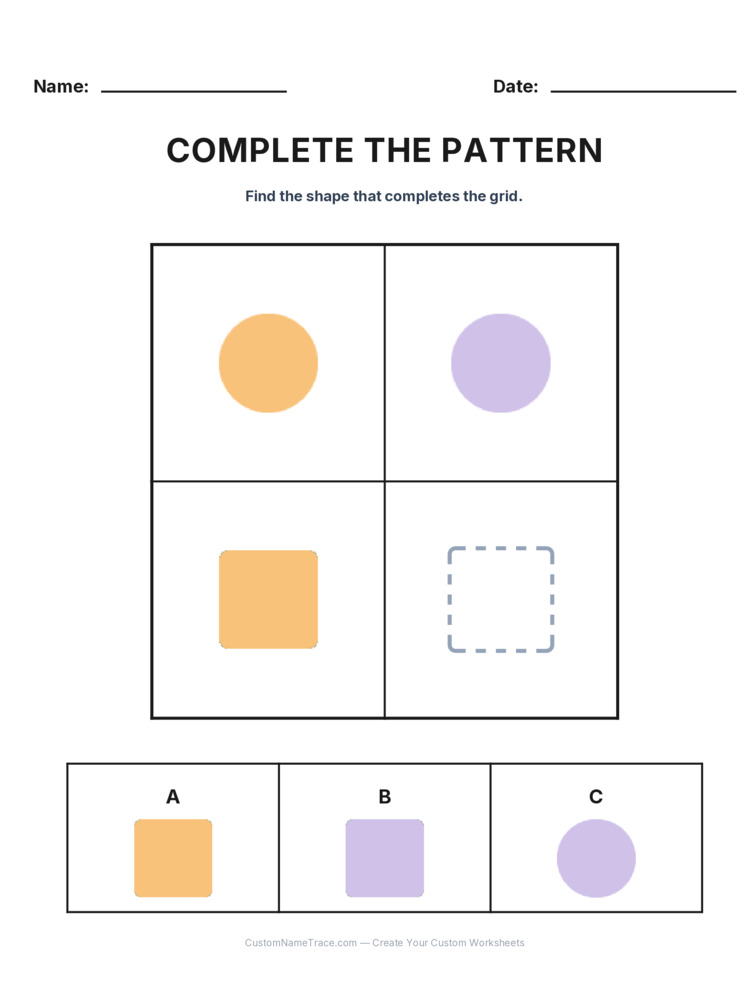 Grade 2 Complete the Pattern logic worksheet 10 for kids