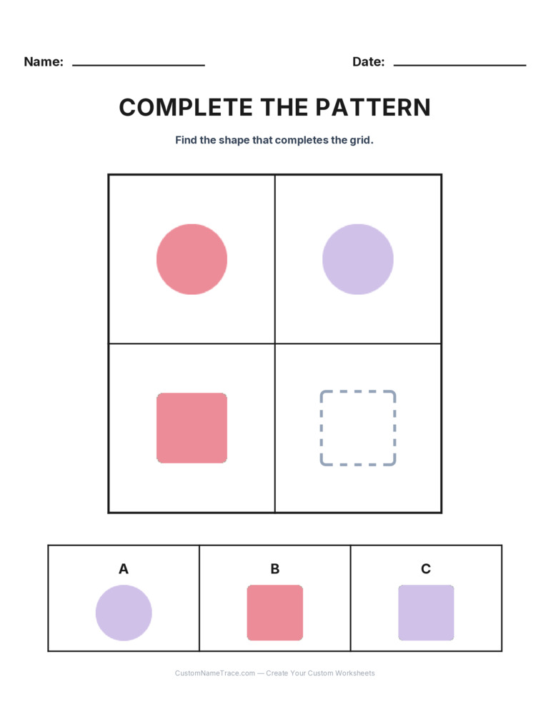 Grade 2 Complete the Pattern logic worksheet 11 for kids