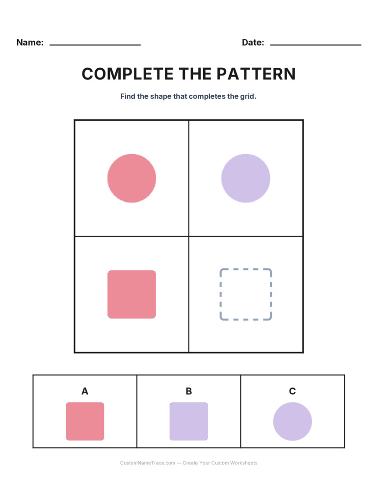 Grade 2 Complete the Pattern logic worksheet 12 for kids