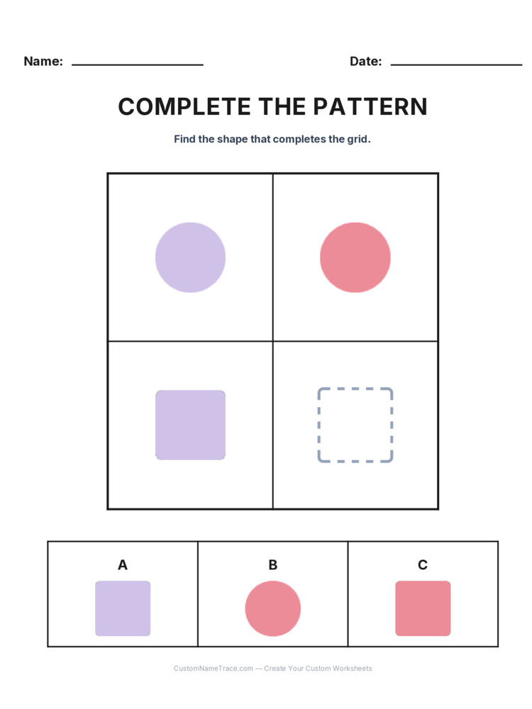 Grade 2 Complete the Pattern logic worksheet 14 for kids