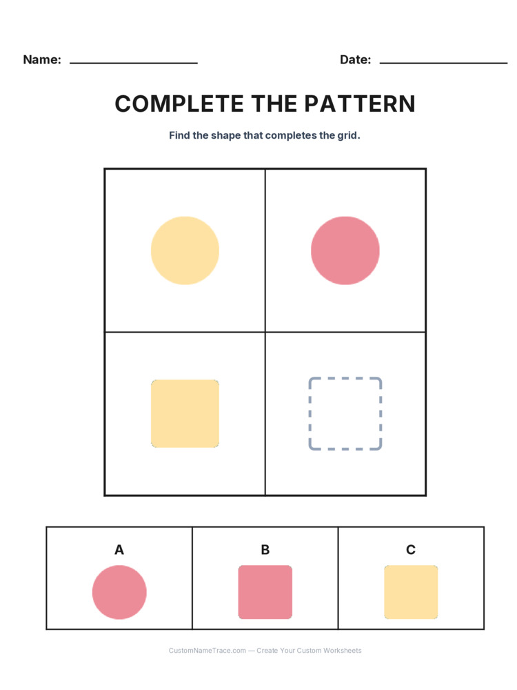 Grade 2 Complete the Pattern logic worksheet 15 for kids