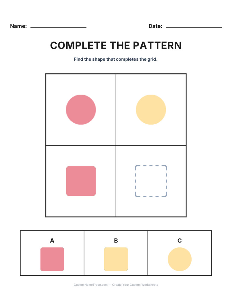 Grade 2 Complete the Pattern logic worksheet 16 for kids
