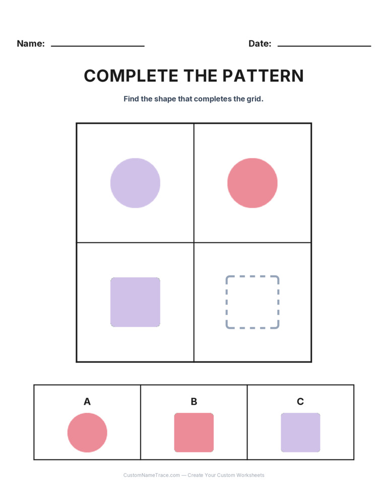 Grade 2 Complete the Pattern logic worksheet 17 for kids